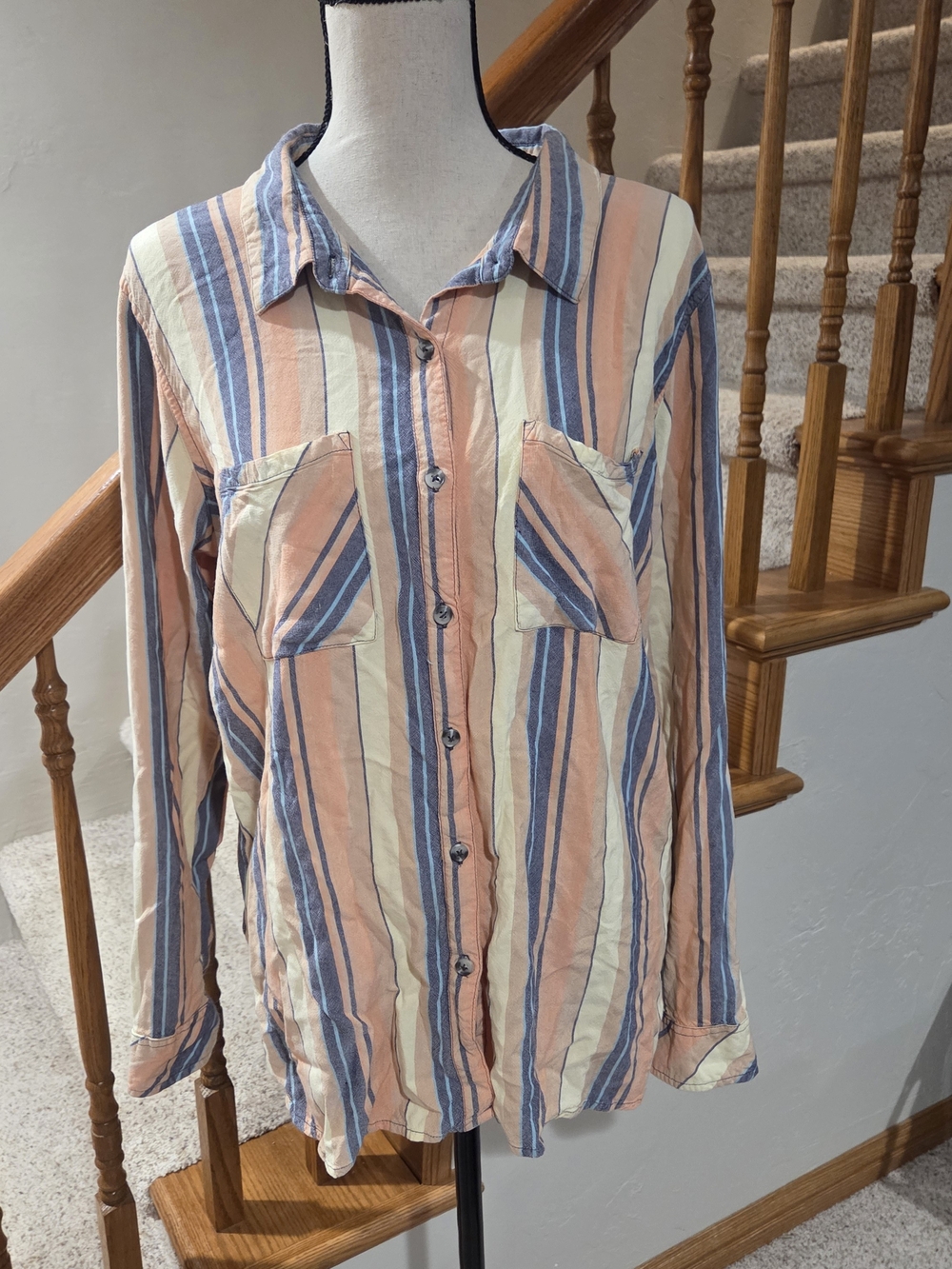 Relaxed Striped Button-Down Shirt in Peach, Blue & Cream